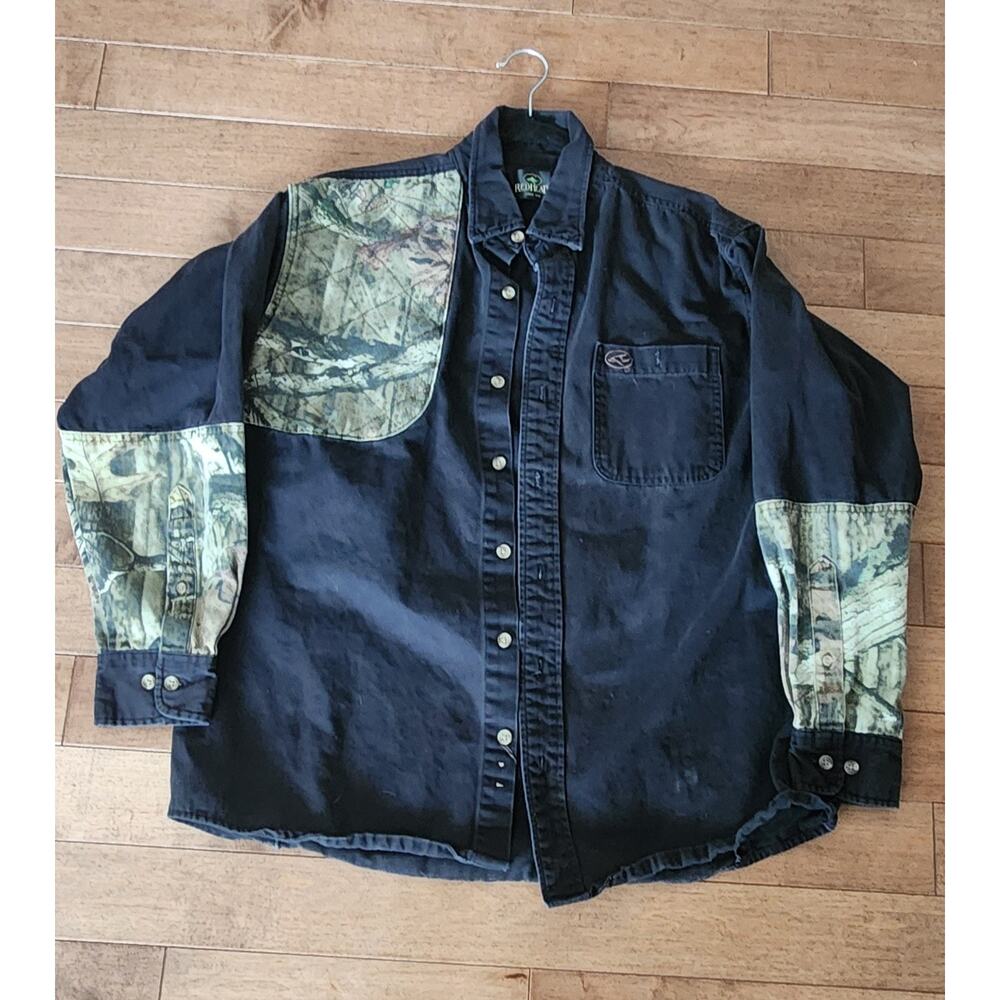 mens red head button down shirt with camo accents Large